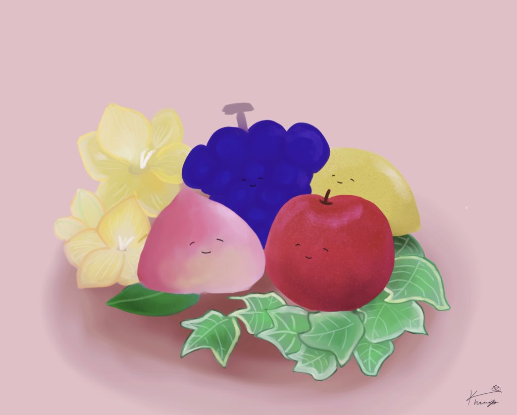 りんご もも ぶどう レモンとフリージアとアイビーのイラスト 栗熊ひろよブログ
