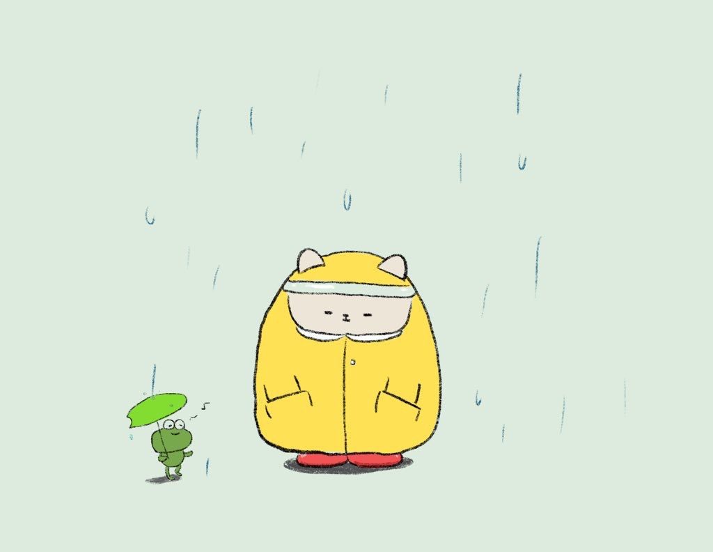 雨とカッパを着てる猫とカエルのイラスト